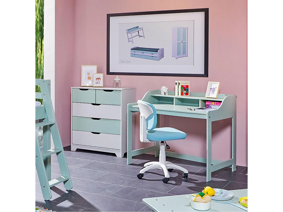 GLASCA - Bureau en Pin Vert d'Eau avec Compartiments