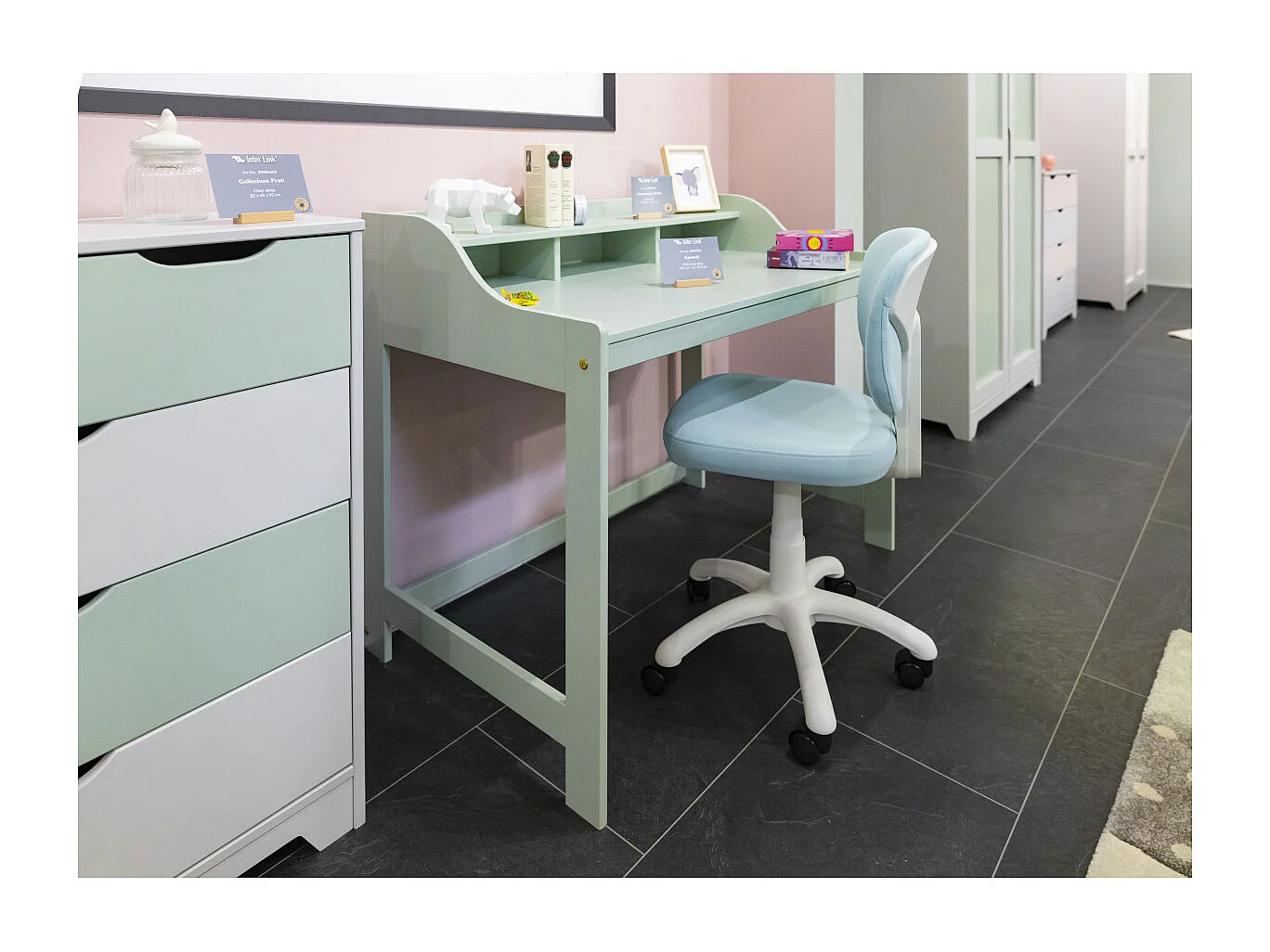 GLASCA - Bureau en Pin Vert d'Eau avec Compartiments