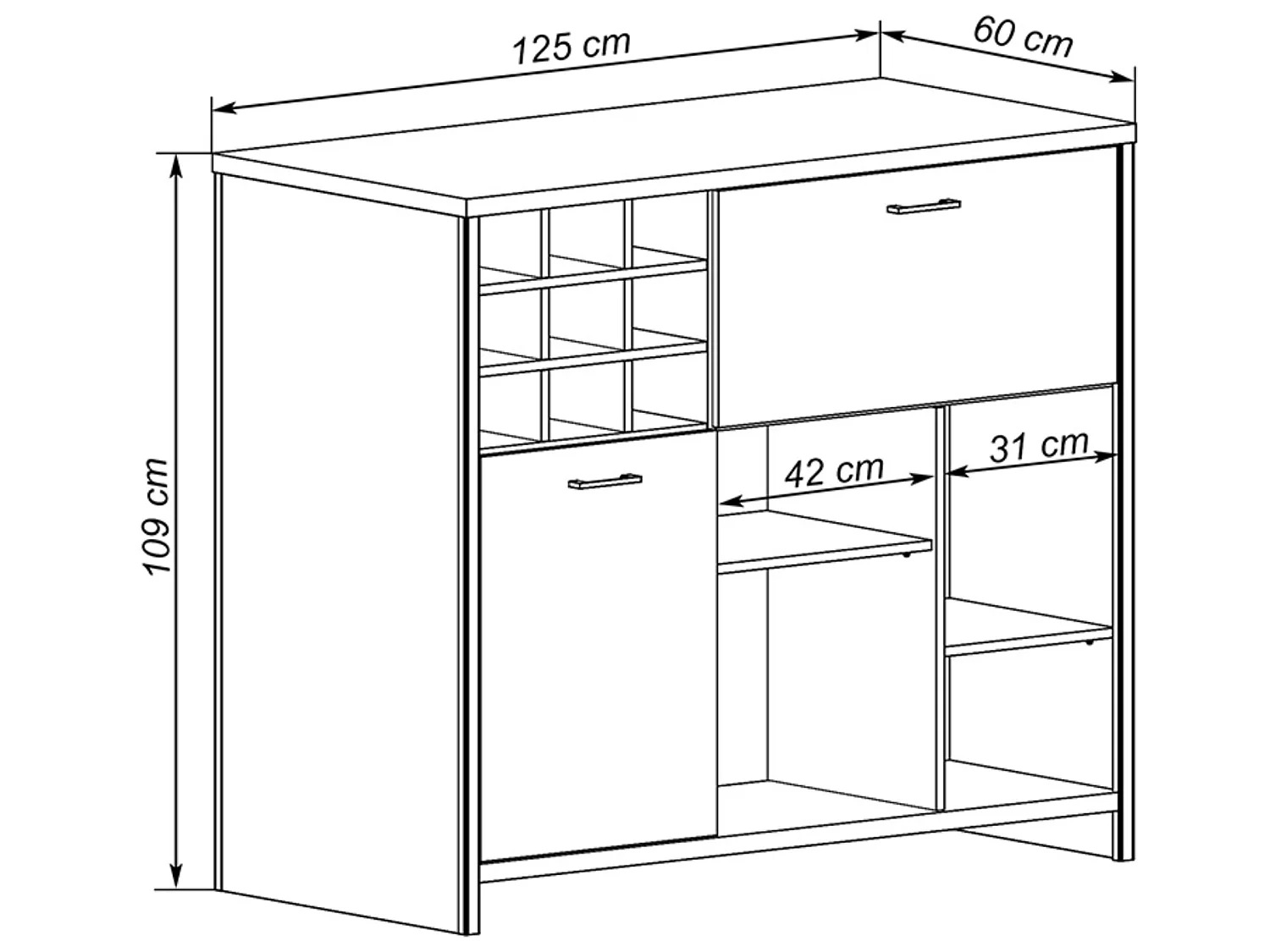 Buffet, meuble de rangement coloris chêne, graphite  Longueur  125 x Profondeur  60 x hauteur 109  cm