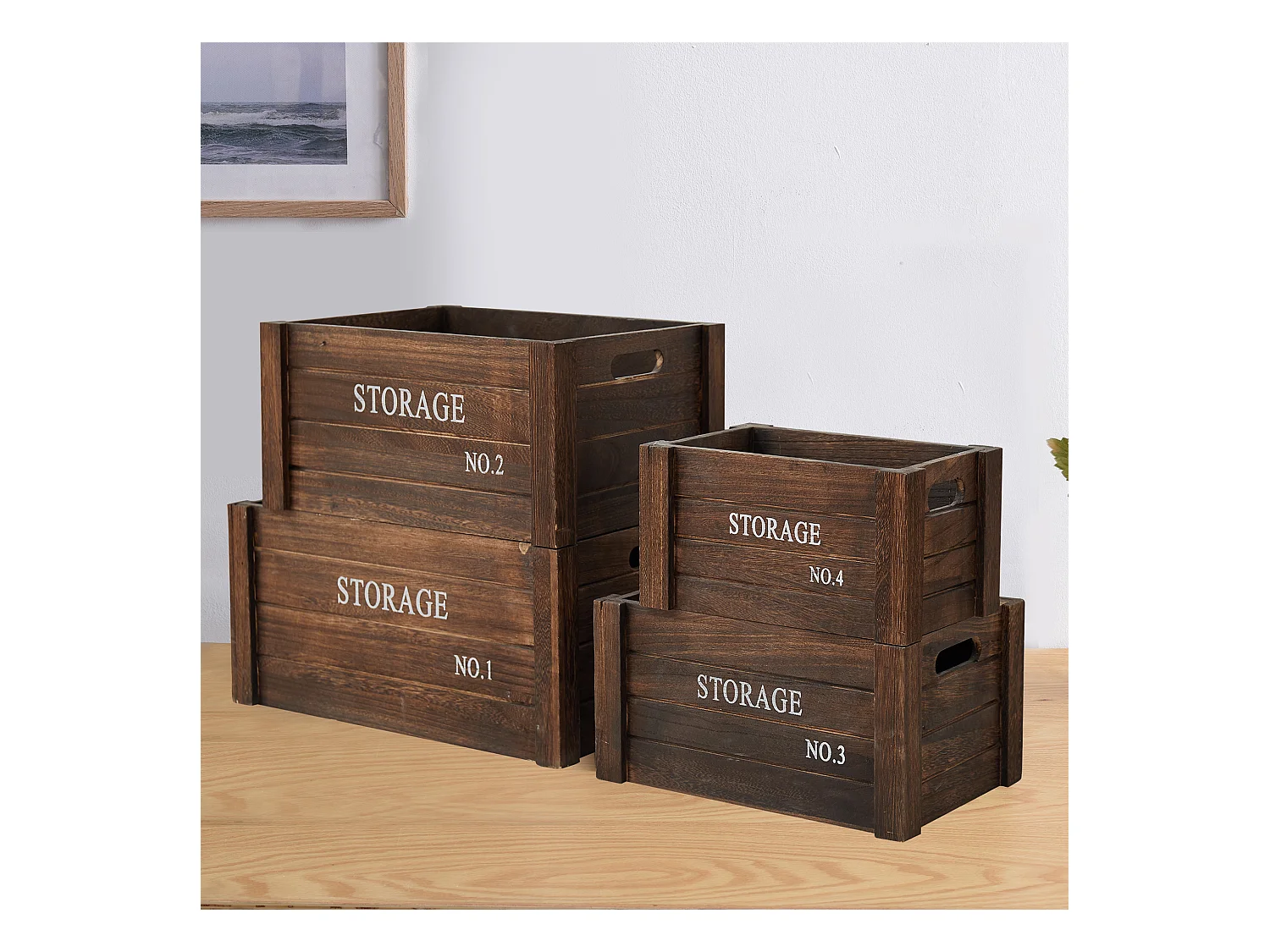 Set 4 Cajas Contenedores Almacenaje Rectangular Madera 17x36x25