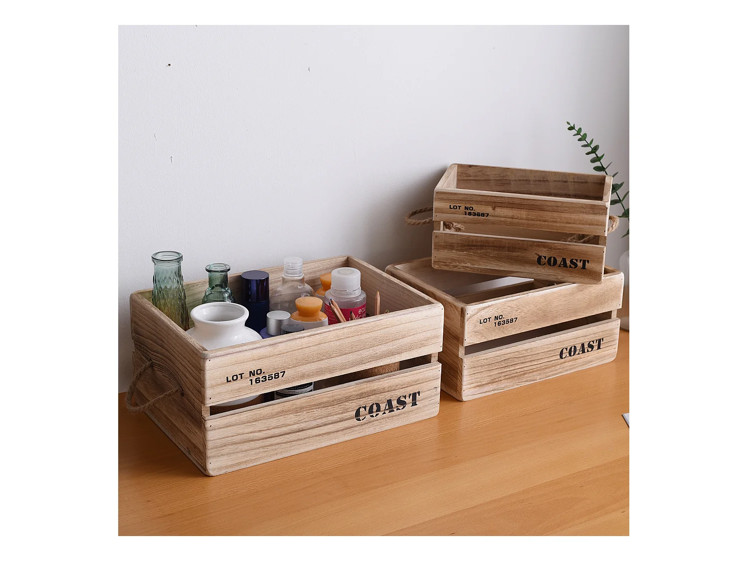 Set 3 Cajas Contenedores Madera Madera Clara 17x36x25
