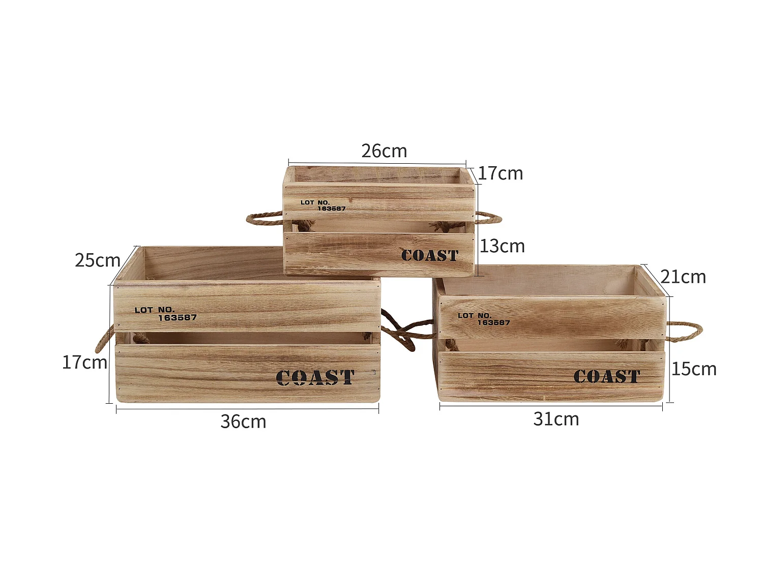 Set 3 Cajas Contenedores Madera Madera Clara 17x36x25