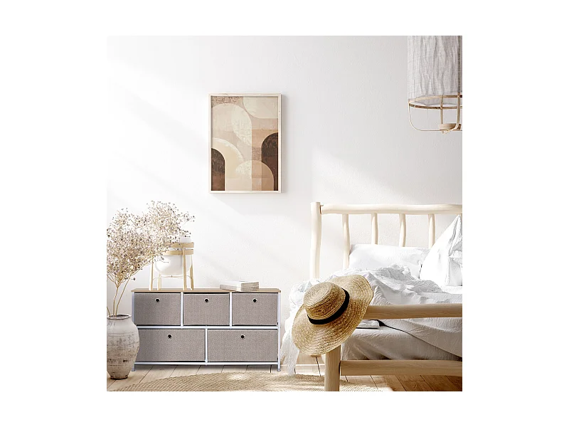 Meuble de rangement bas à 5 tiroirs en metal et tissu blanc beige