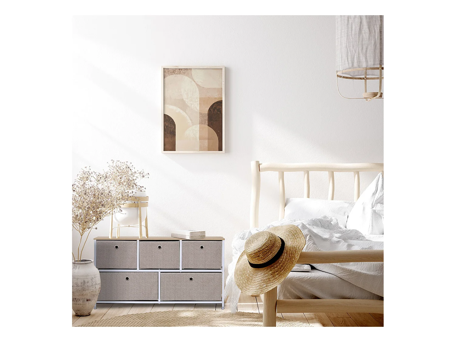 Meuble de rangement bas à 5 tiroirs en metal et tissu blanc beige