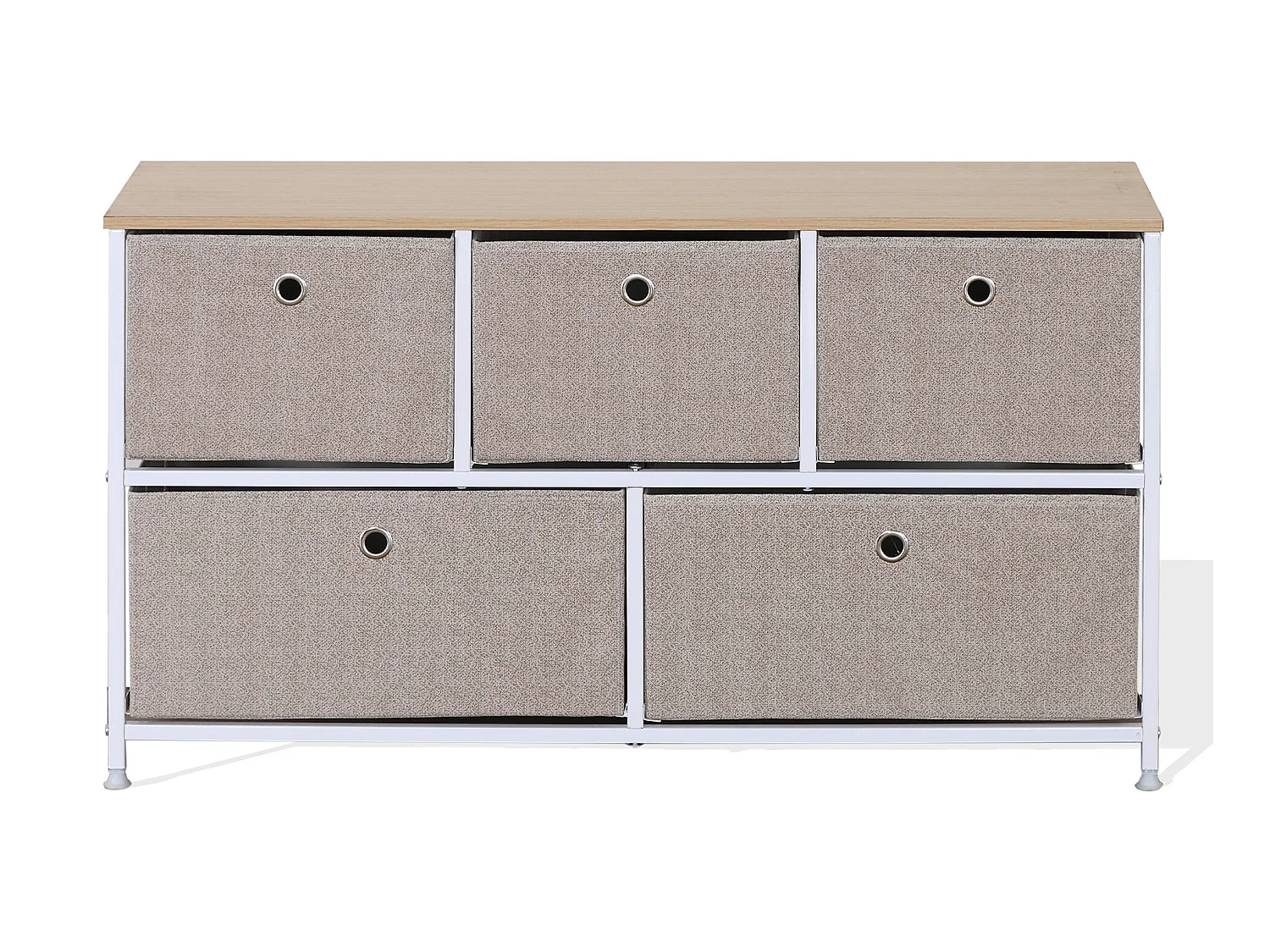 Meuble de rangement bas à 5 tiroirs en metal et tissu blanc beige