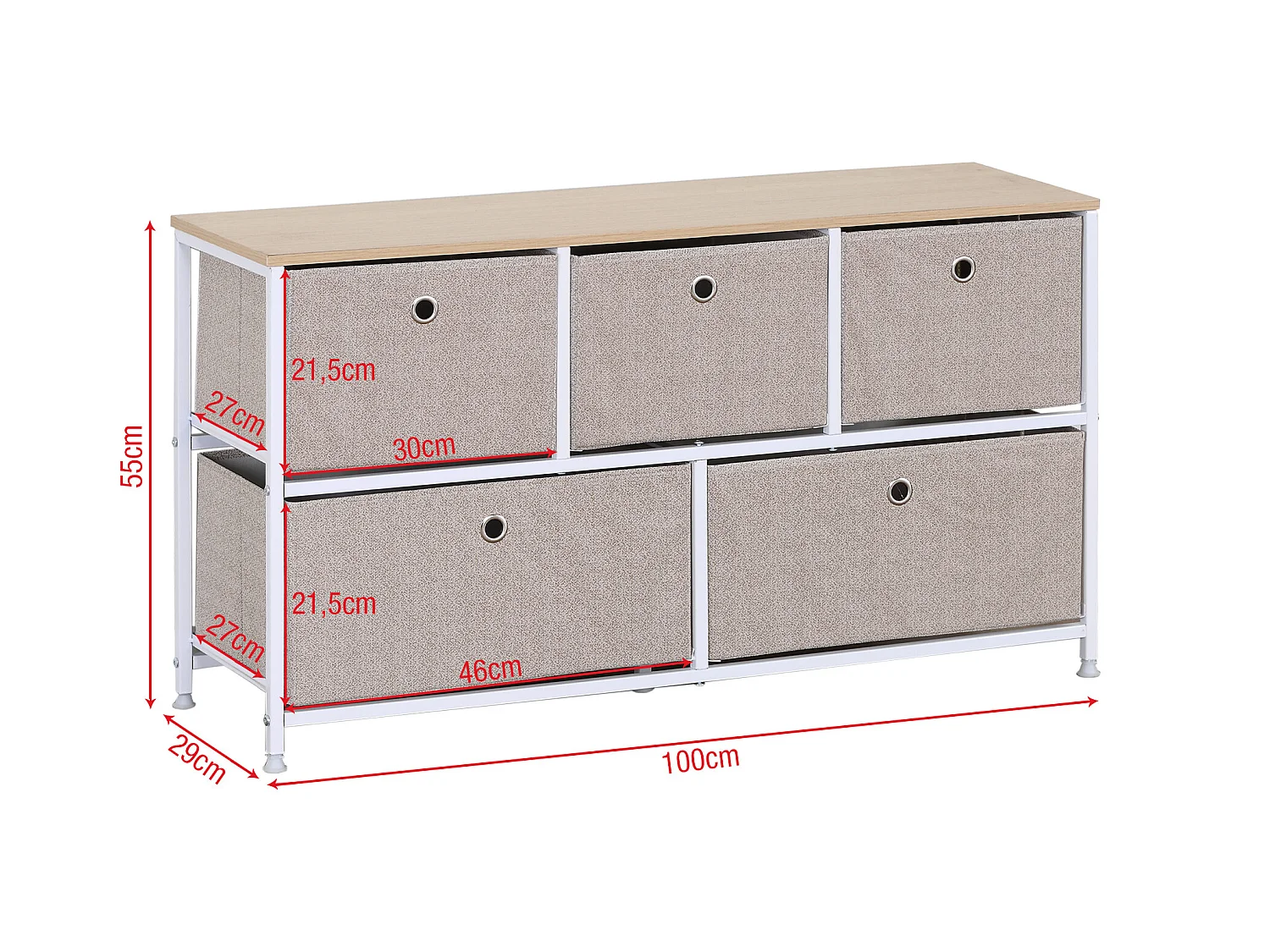 Meuble de rangement bas à 5 tiroirs en metal et tissu blanc beige