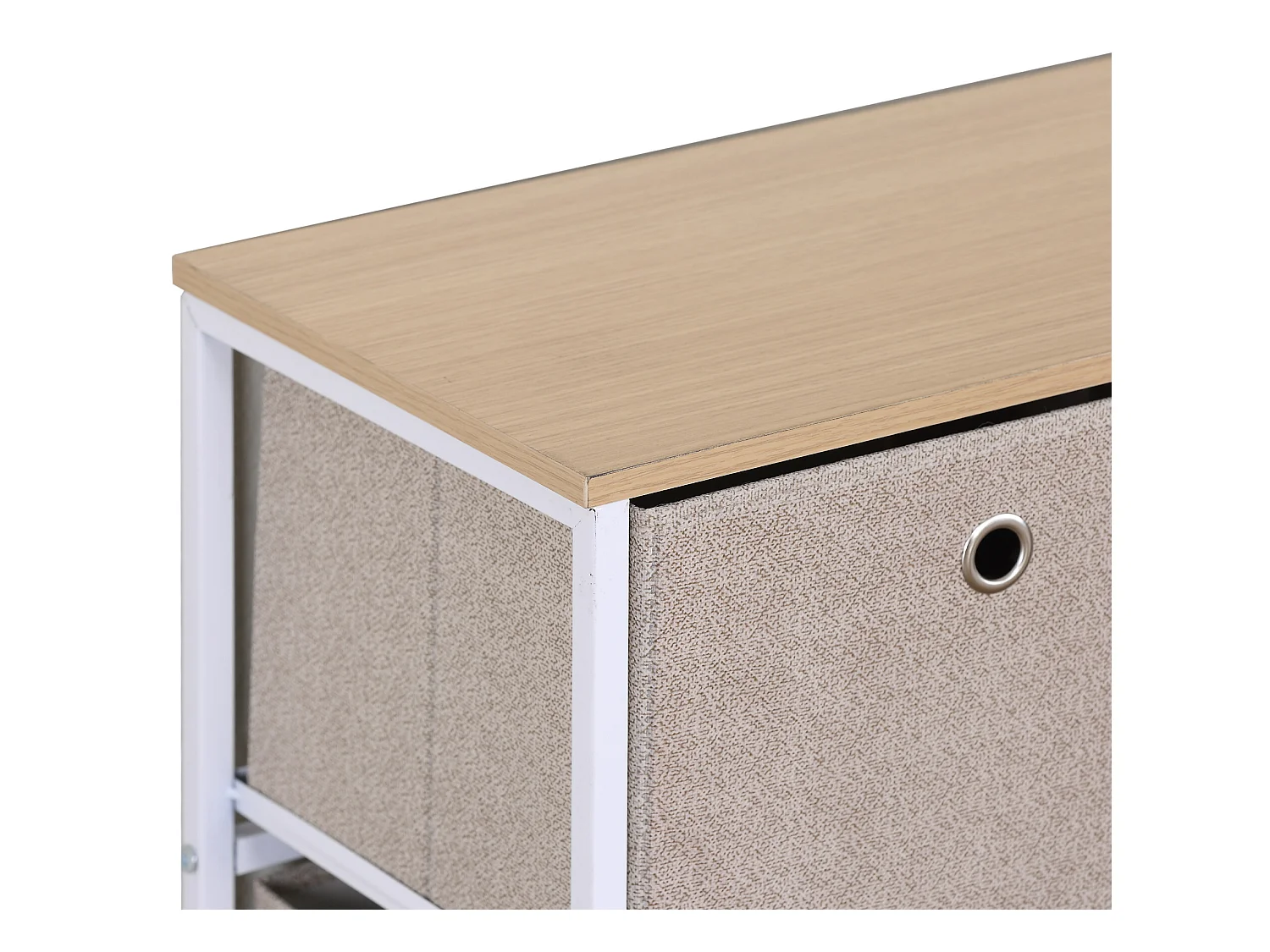 Meuble de rangement bas à 5 tiroirs en metal et tissu blanc beige
