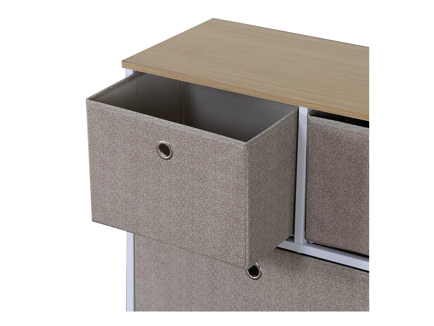 Meuble de rangement bas à 5 tiroirs en metal et tissu blanc beige