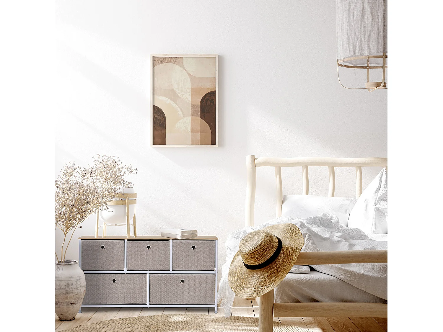 Meuble de rangement bas à 5 tiroirs en metal et tissu blanc beige