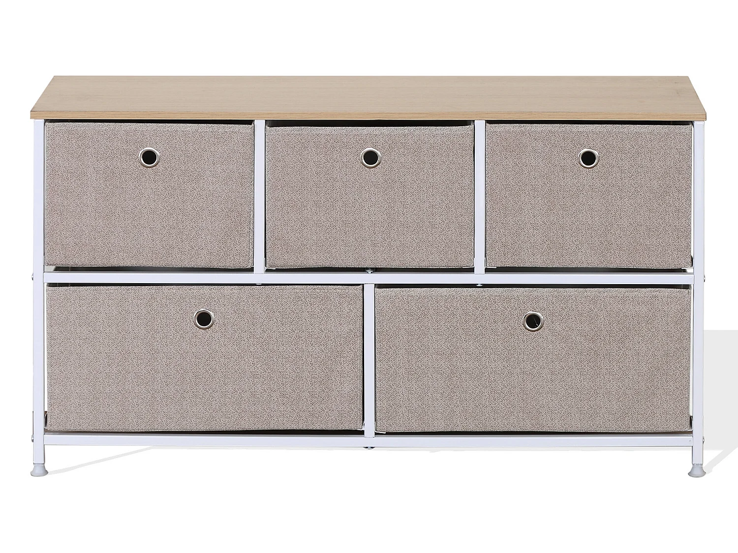 Meuble de rangement bas à 5 tiroirs en metal et tissu blanc beige