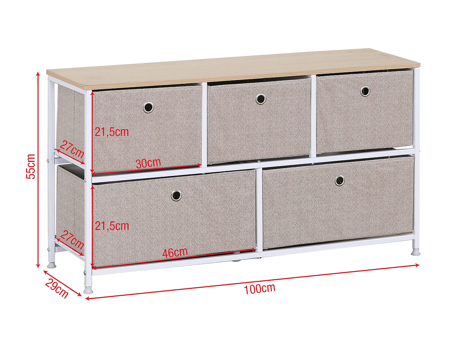 Meuble de rangement bas à 5 tiroirs en metal et tissu blanc beige