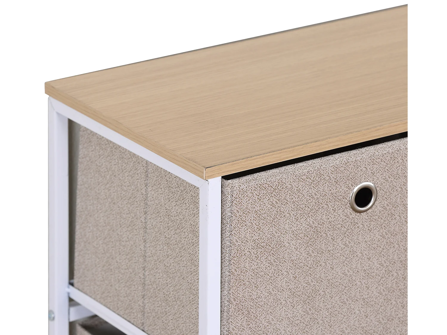 Meuble de rangement bas à 5 tiroirs en metal et tissu blanc beige
