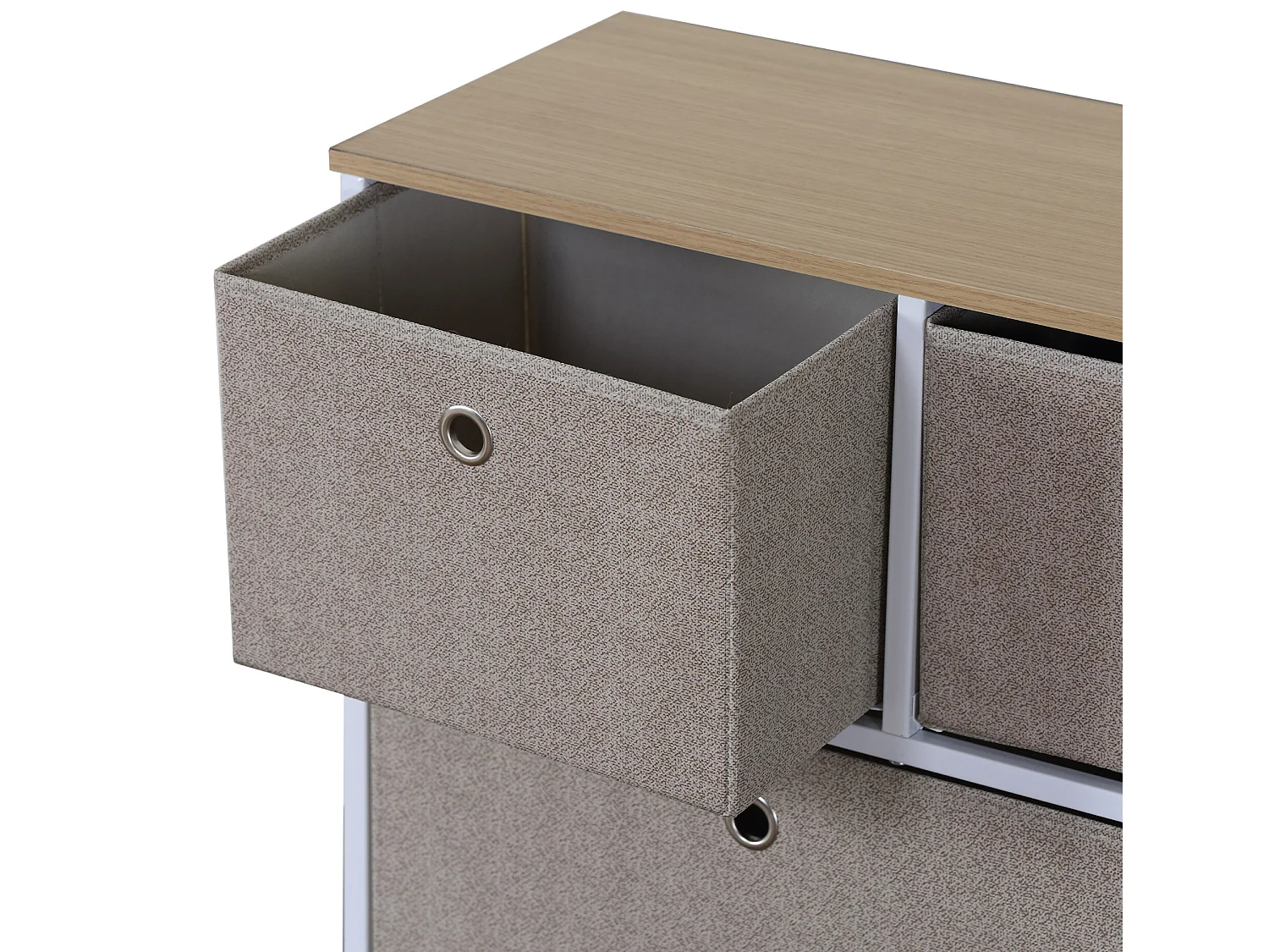 Meuble de rangement bas à 5 tiroirs en metal et tissu blanc beige