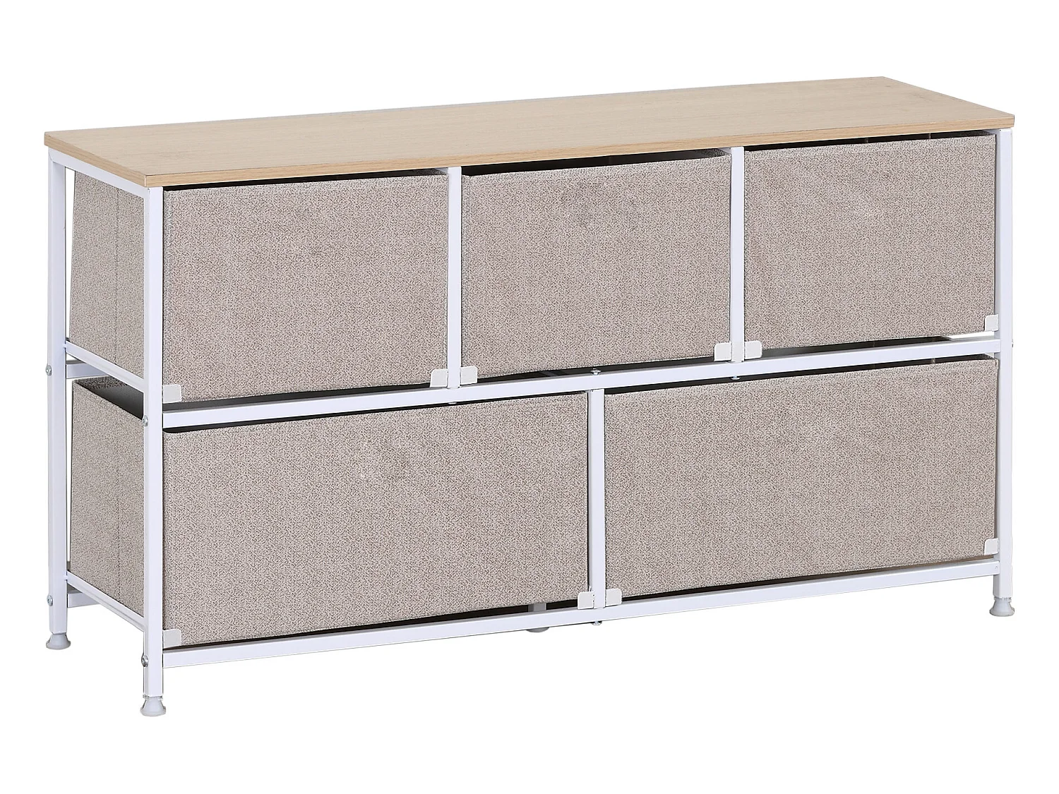 Meuble de rangement bas à 5 tiroirs en metal et tissu blanc beige