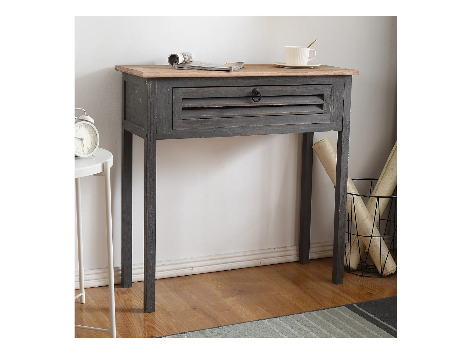 Table Bureau Console 1 Tiroir Bois Gris Shabby 75x75x30,5