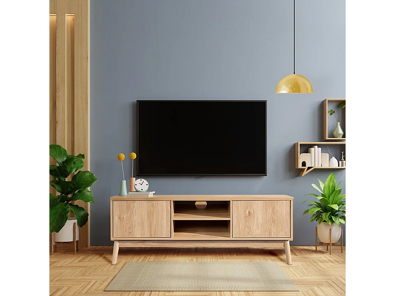 Meuble TV Buffet Bas en Bambou Mdf 2 Portes Étagères pour Salon