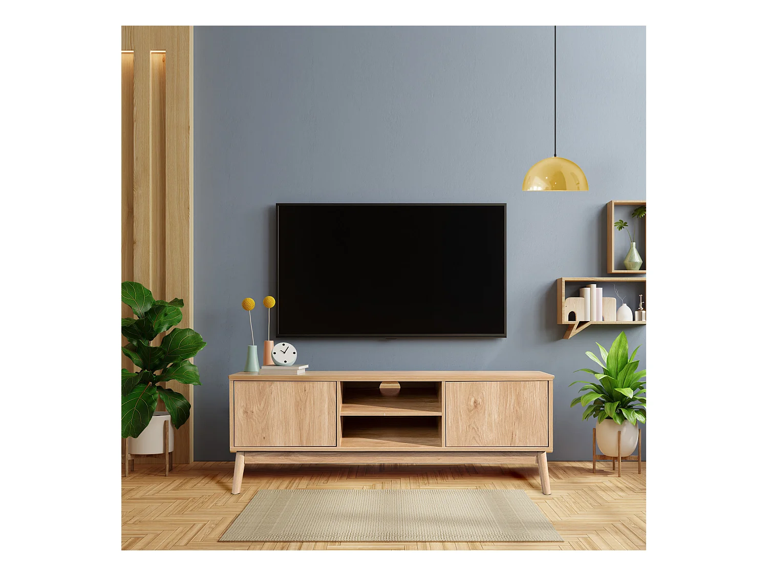 Meuble TV Buffet Bas en Bambou Mdf 2 Portes Étagères pour Salon