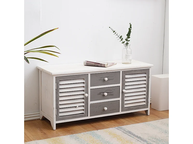 Panca Credenza 3 Cassetti 2 Ante Legno Bianco Grigio 44x90x34