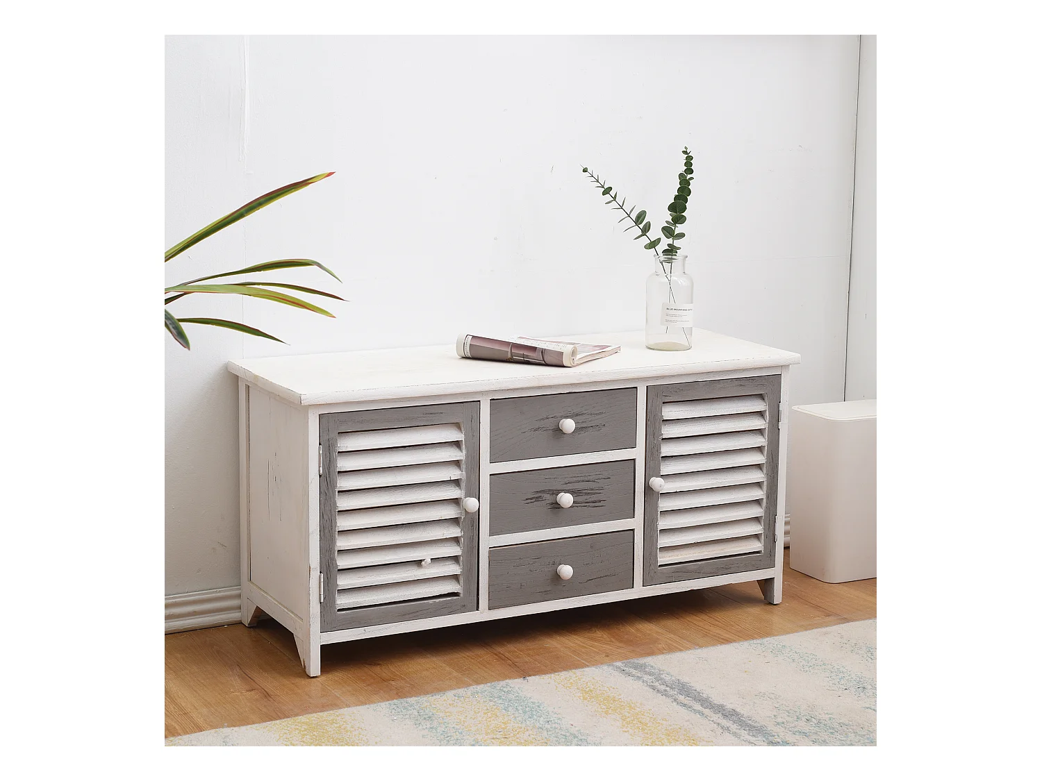 Armoire Meuble TV 2 Portes 3 Tiroirs Bois Blanc Gris 44x90x34