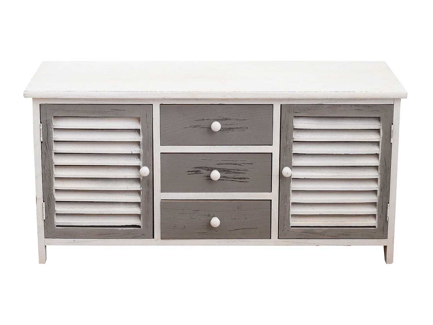 Armoire Meuble TV 2 Portes 3 Tiroirs Bois Blanc Gris 44x90x34