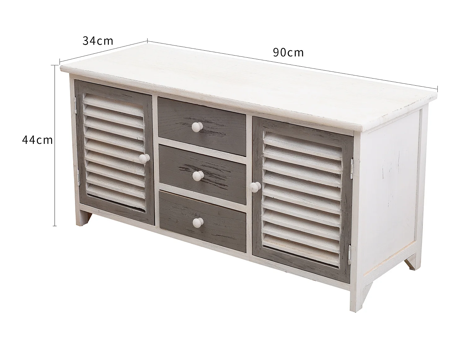 Armoire Meuble TV 2 Portes 3 Tiroirs Bois Blanc Gris 44x90x34