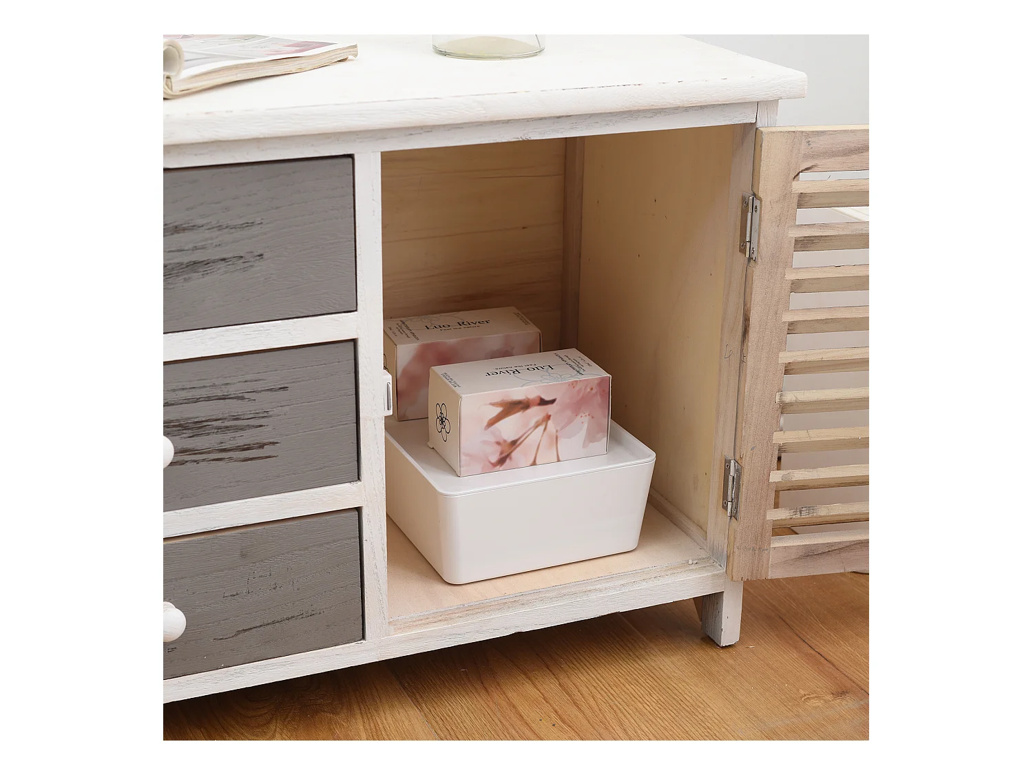 Armoire Meuble TV 2 Portes 3 Tiroirs Bois Blanc Gris 44x90x34