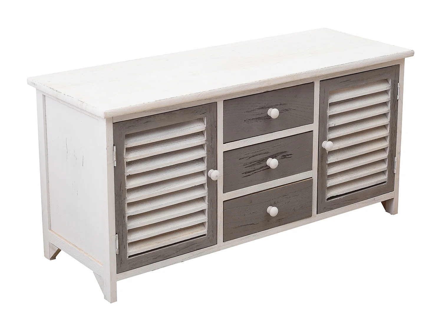 Armoire Meuble TV 2 Portes 3 Tiroirs Bois Blanc Gris 44x90x34