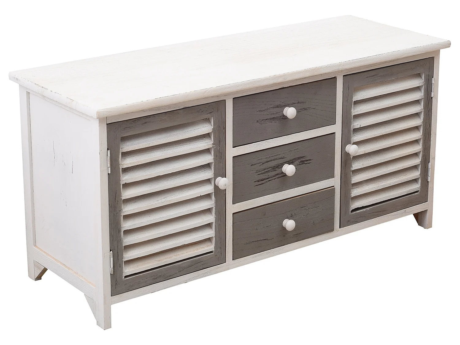 Armoire Meuble TV 2 Portes 3 Tiroirs Bois Blanc Gris 44x90x34