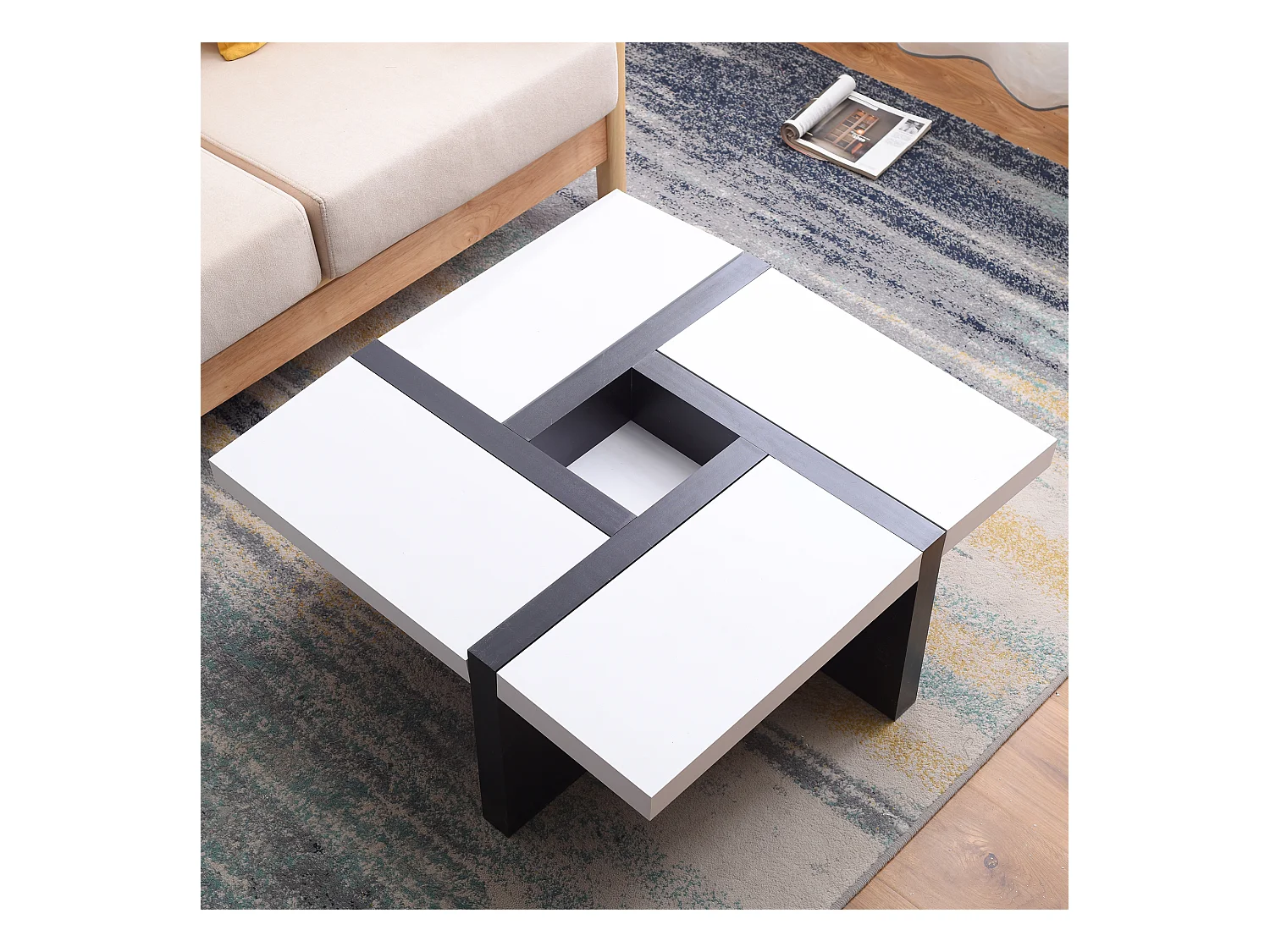 Table Basse Carre Bois Noir Blanc Design Contemporain 35x80x80