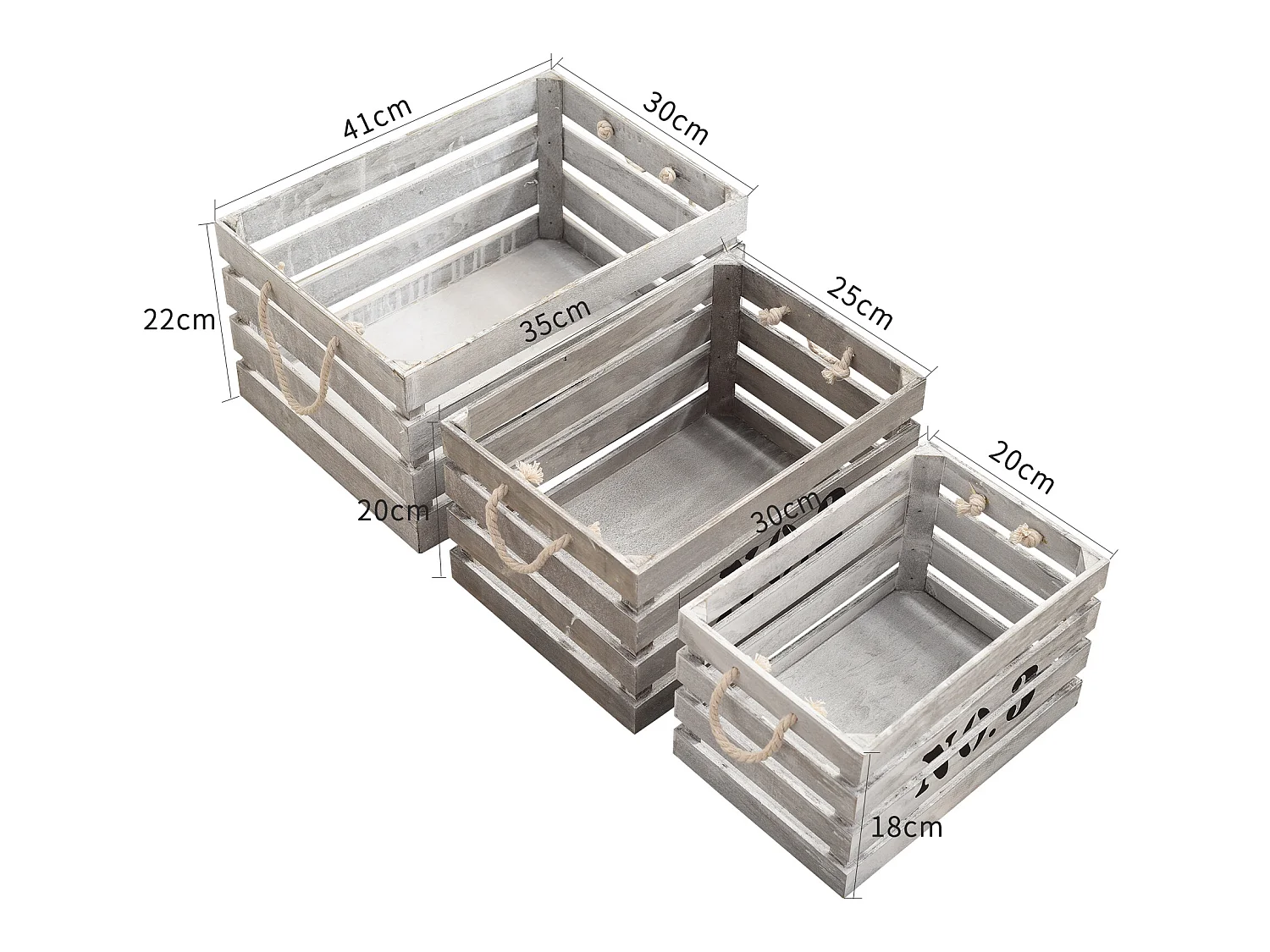 Conjunto de 3 Caixas de Armazenamento Vintage Shabby Branco de Madeira 22x41x30