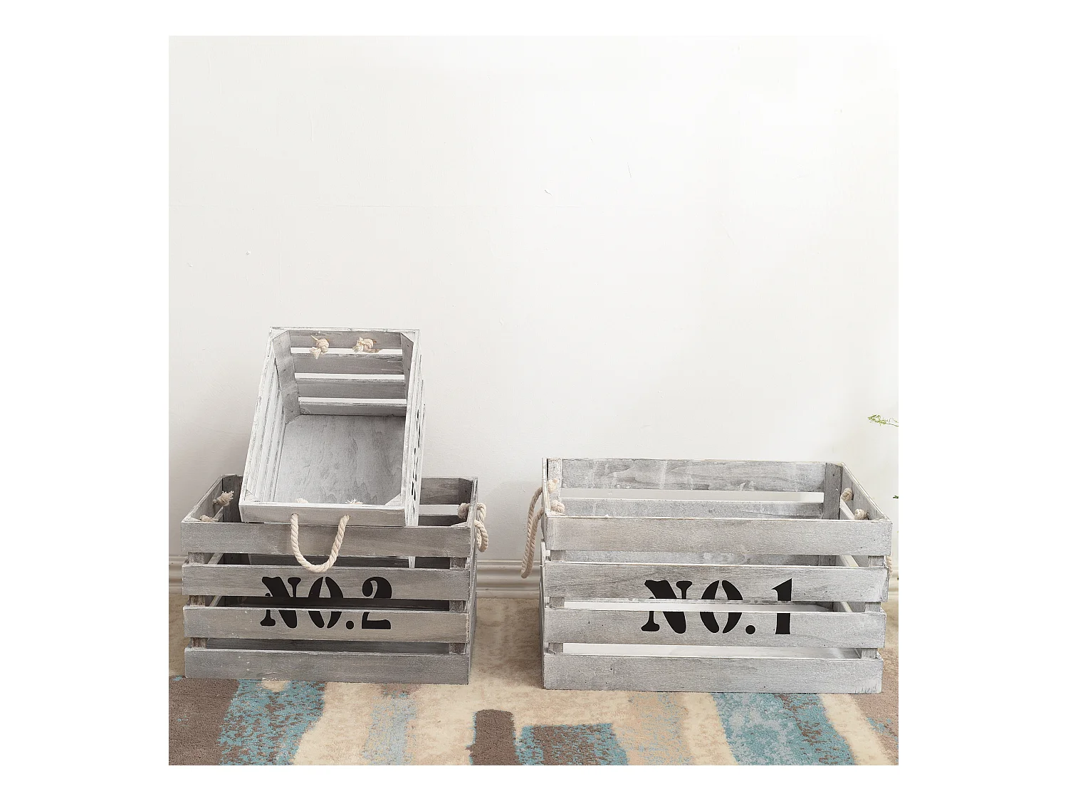 Set 3 Cajas Almacenar Madera Blanco Shabby 22x41x30