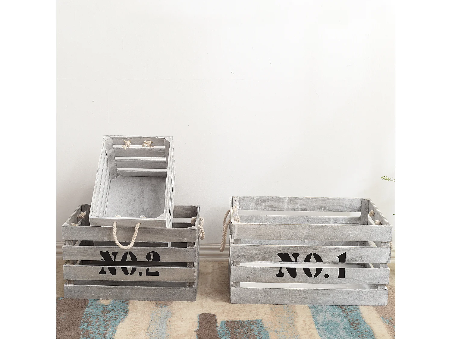 Conjunto de 3 Caixas de Armazenamento Vintage Shabby Branco de Madeira 22x41x30