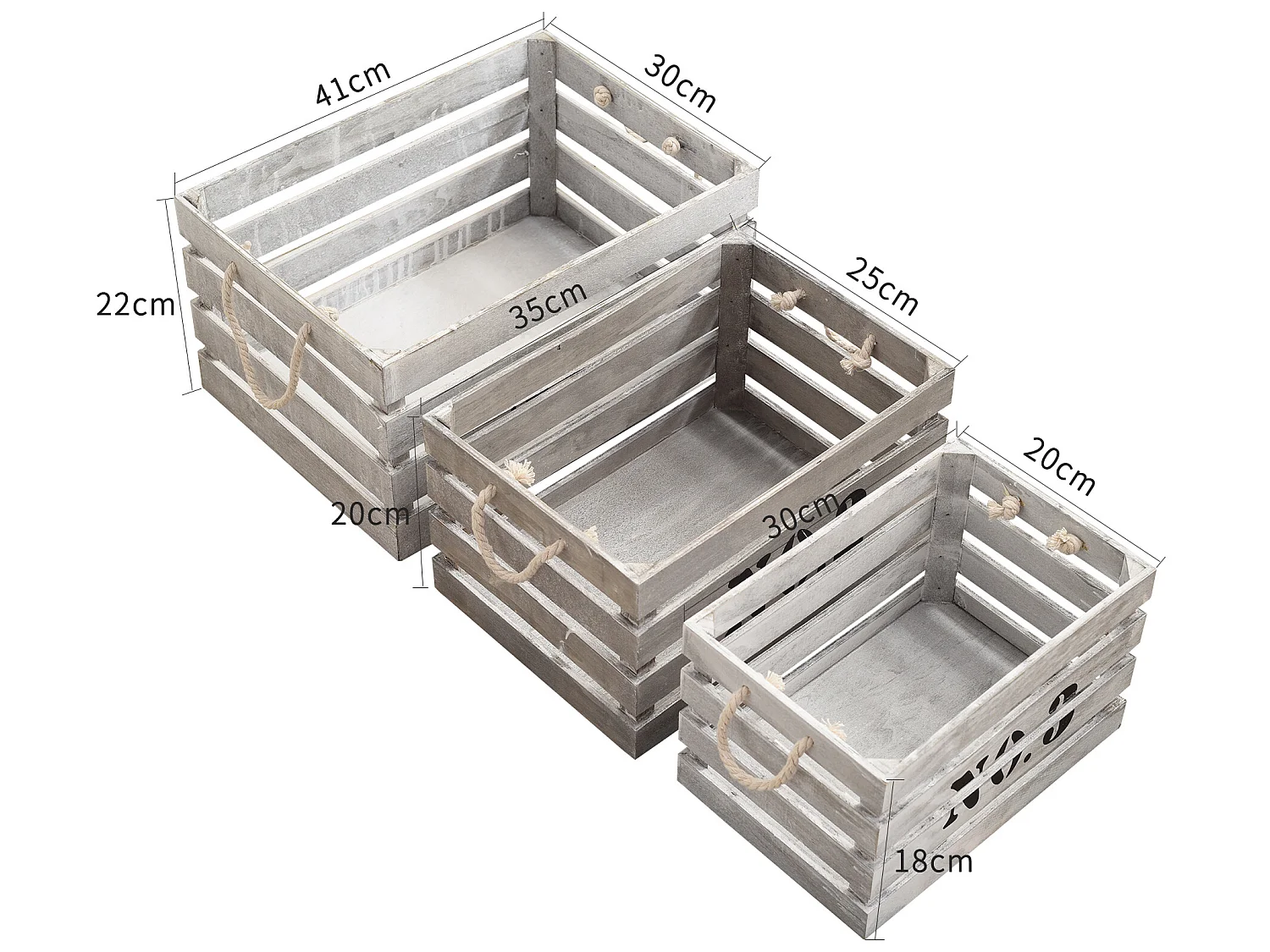 Conjunto de 3 Caixas de Armazenamento Vintage Shabby Branco de Madeira 22x41x30