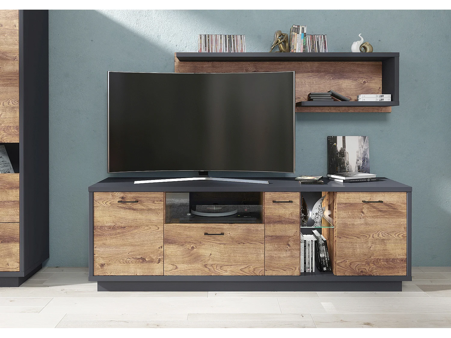 Meuble TV avec LED coloris chêne, graphite - Longueur 190 x Profondeur 45 x hauteur 64 cm