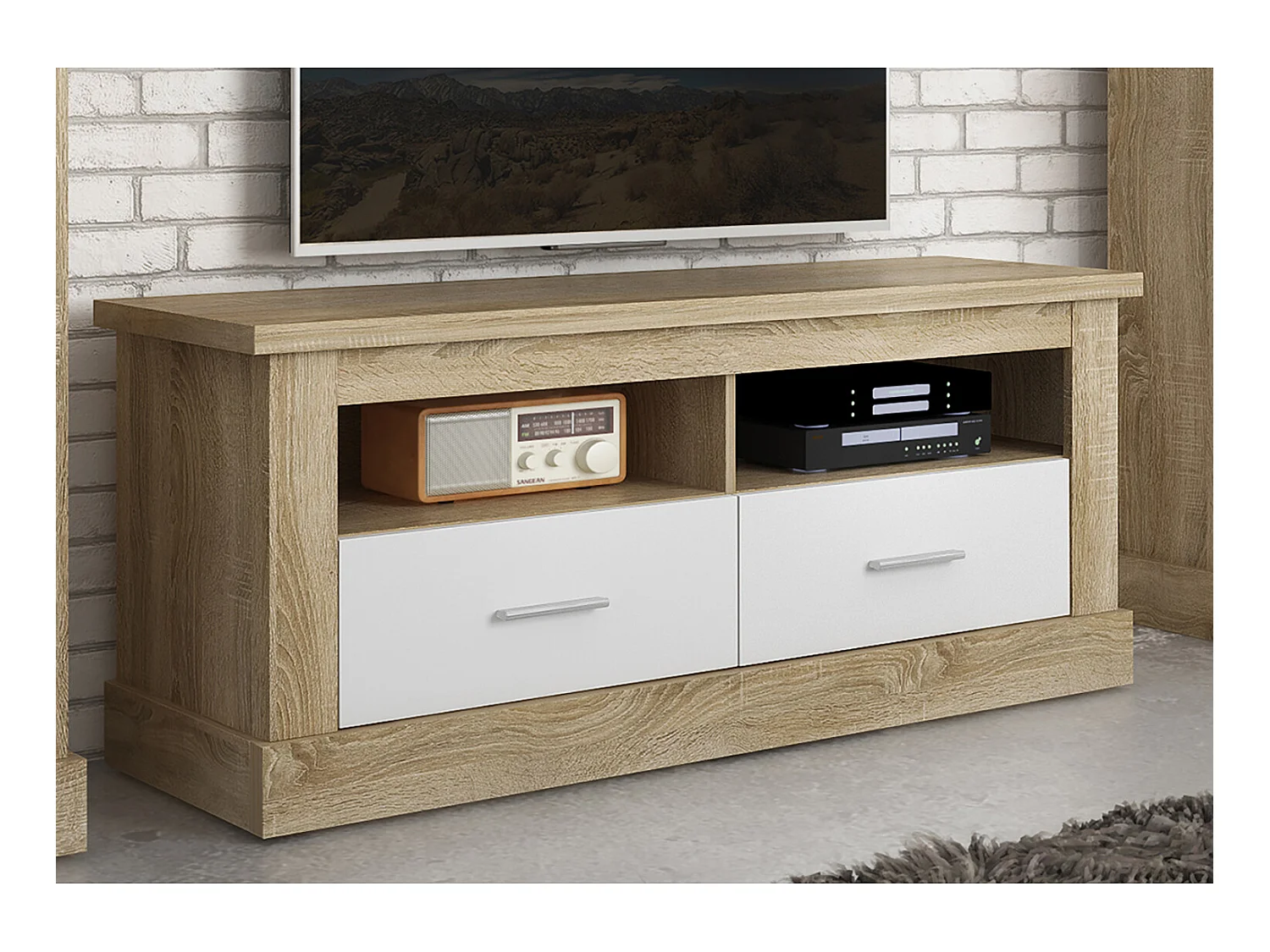 Meuble TV coloris Chêne cambrian, blanc - Longueur 135 x Profondeur 41,80 x Hauteur 56,6 cm
