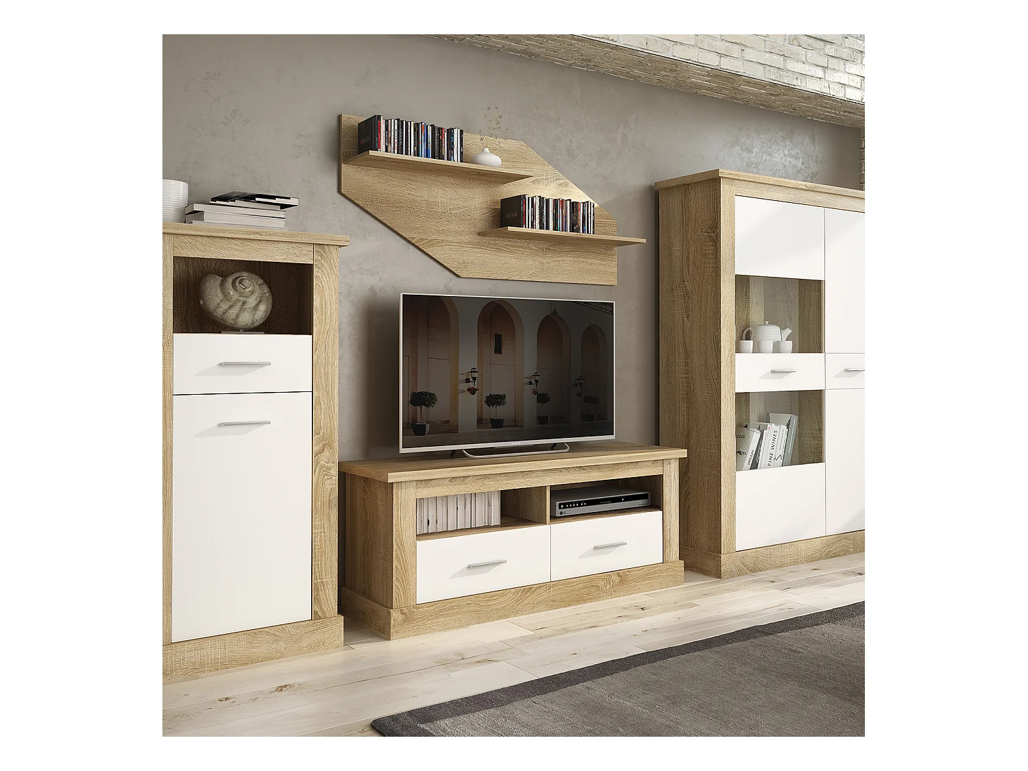 Meuble TV coloris Chêne cambrian, blanc - Longueur 135 x Profondeur 41,80 x Hauteur 56,6 cm