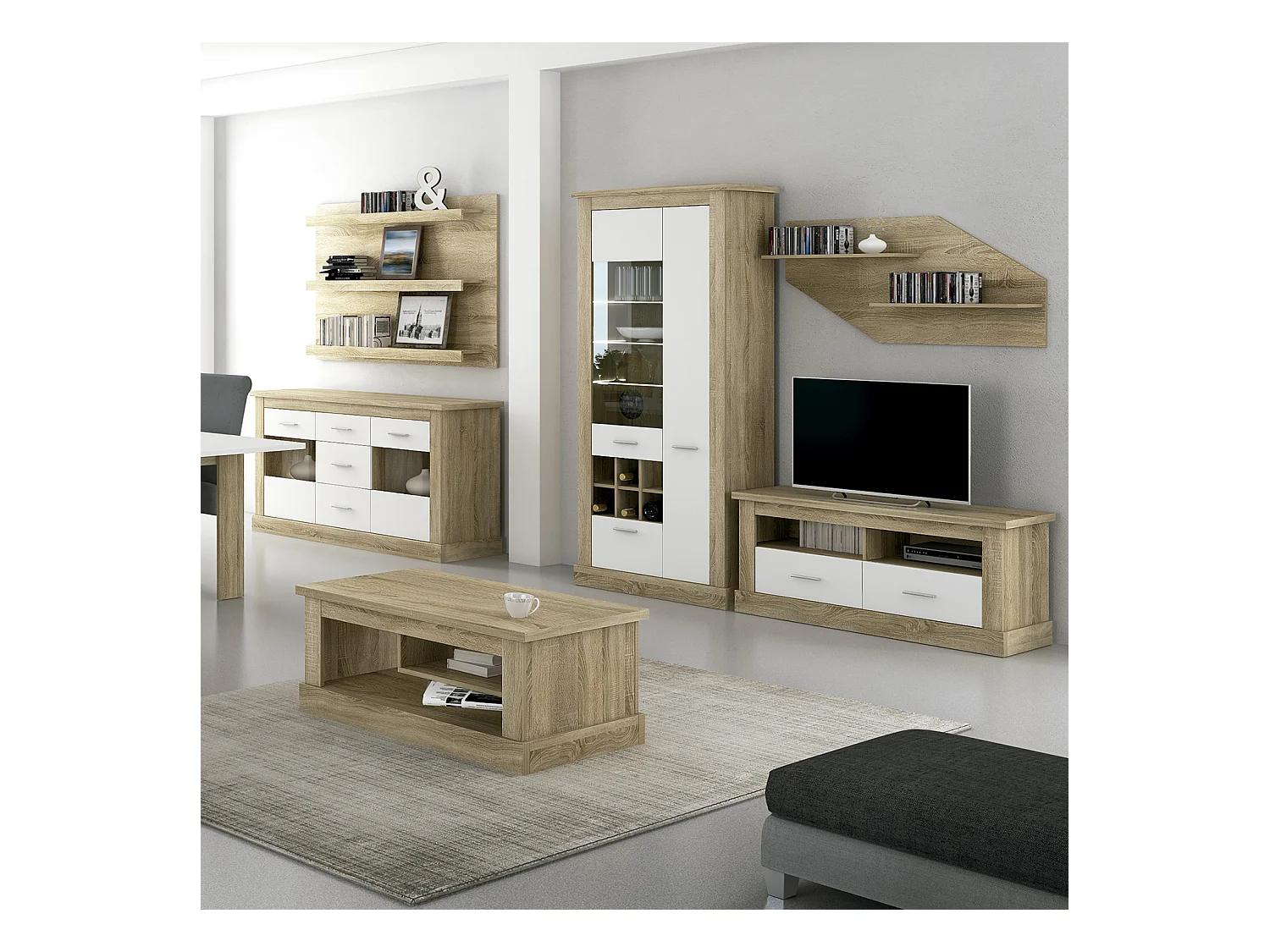 Meuble TV coloris Chêne cambrian, blanc - Longueur 135 x Profondeur 41,80 x Hauteur 56,6 cm