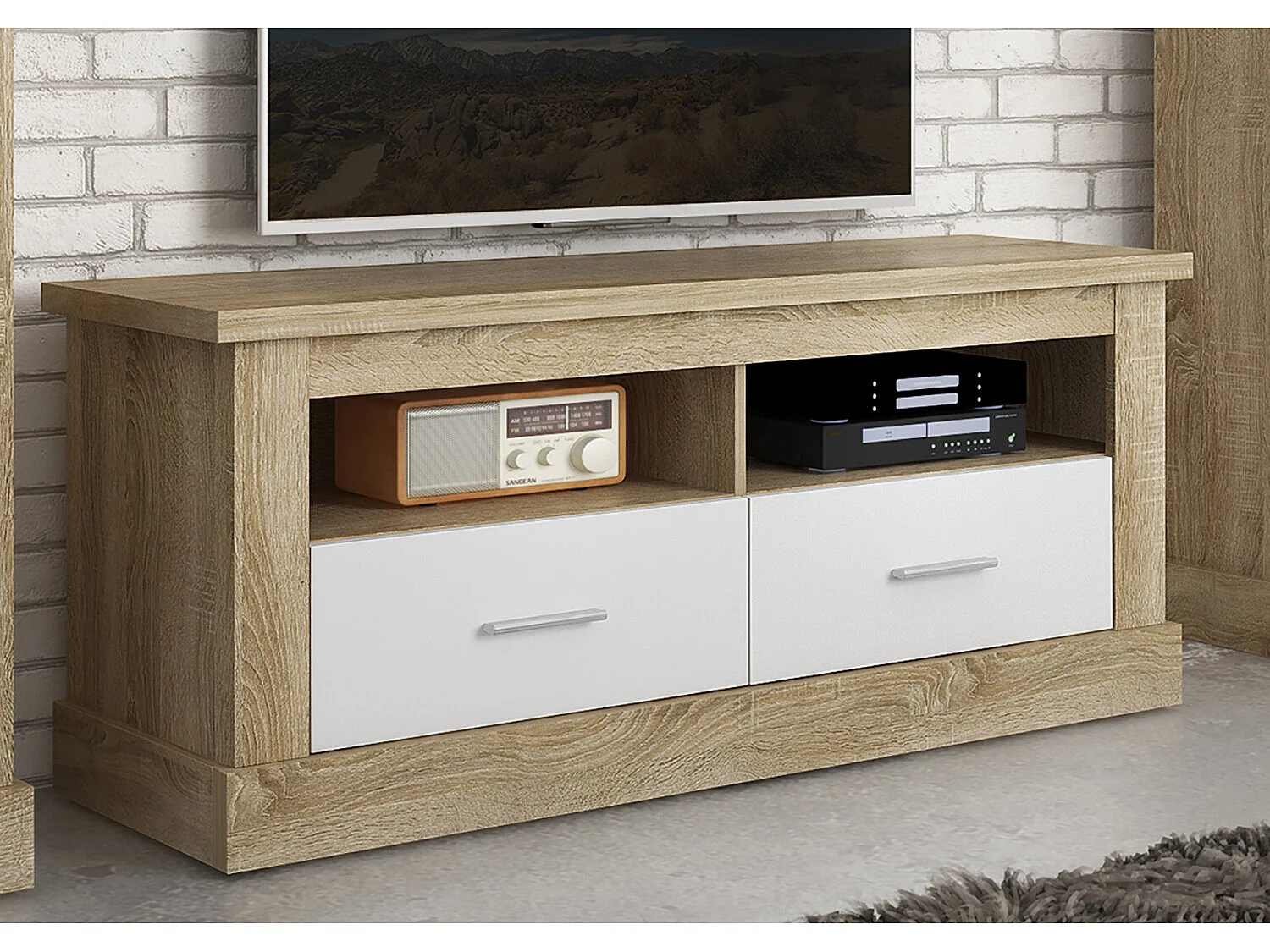 Meuble TV coloris Chêne cambrian, blanc - Longueur 135 x Profondeur 41,80 x Hauteur 56,6 cm