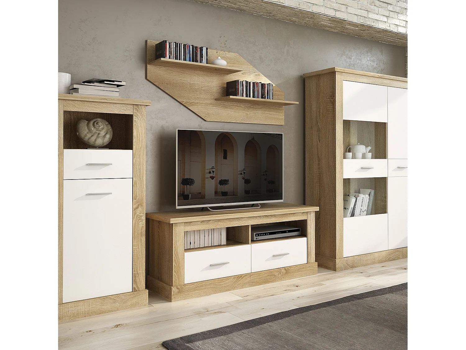 Meuble TV coloris Chêne cambrian, blanc - Longueur 135 x Profondeur 41,80 x Hauteur 56,6 cm