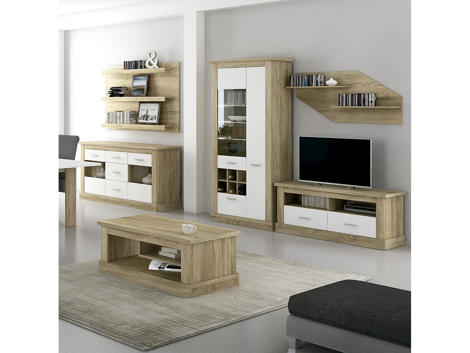 Meuble TV coloris Chêne cambrian, blanc - Longueur 135 x Profondeur 41,80 x Hauteur 56,6 cm