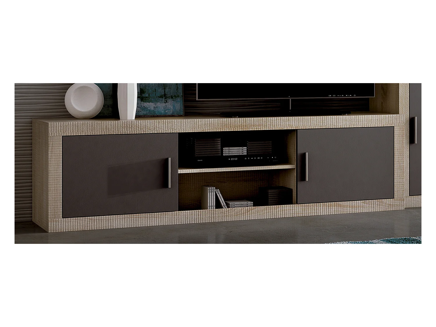 Meuble TV 2 portes coloris chêne cambrian, graphite - Longueur 180 x profondeur 41,4 x hauteur 50 cm