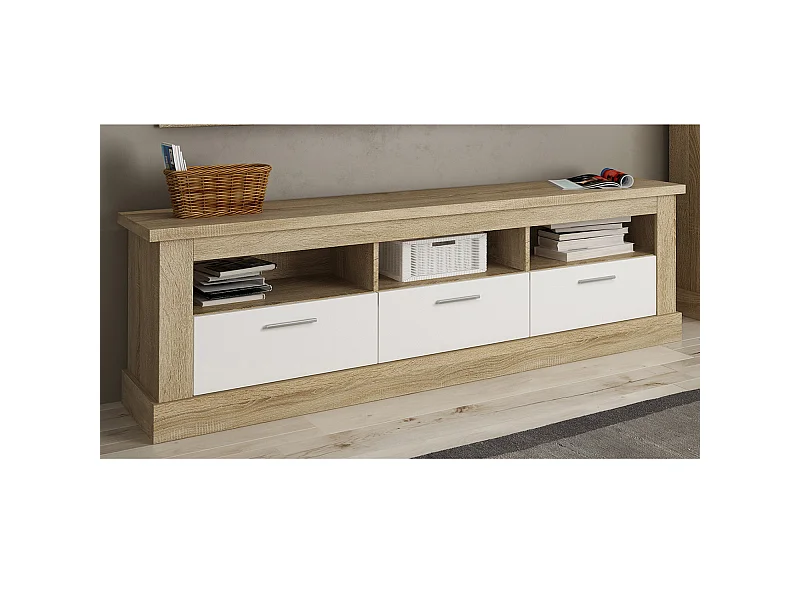 Meuble TV coloris Chêne cambrian, blanc - Longueur 180 x Profondeur 41 x Hauteur 56 cm