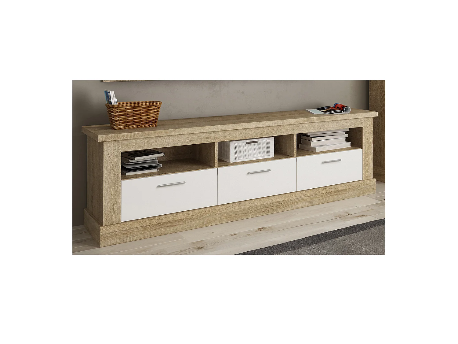 Meuble TV coloris Chêne cambrian, blanc - Longueur 180 x Profondeur 41 x Hauteur 56 cm