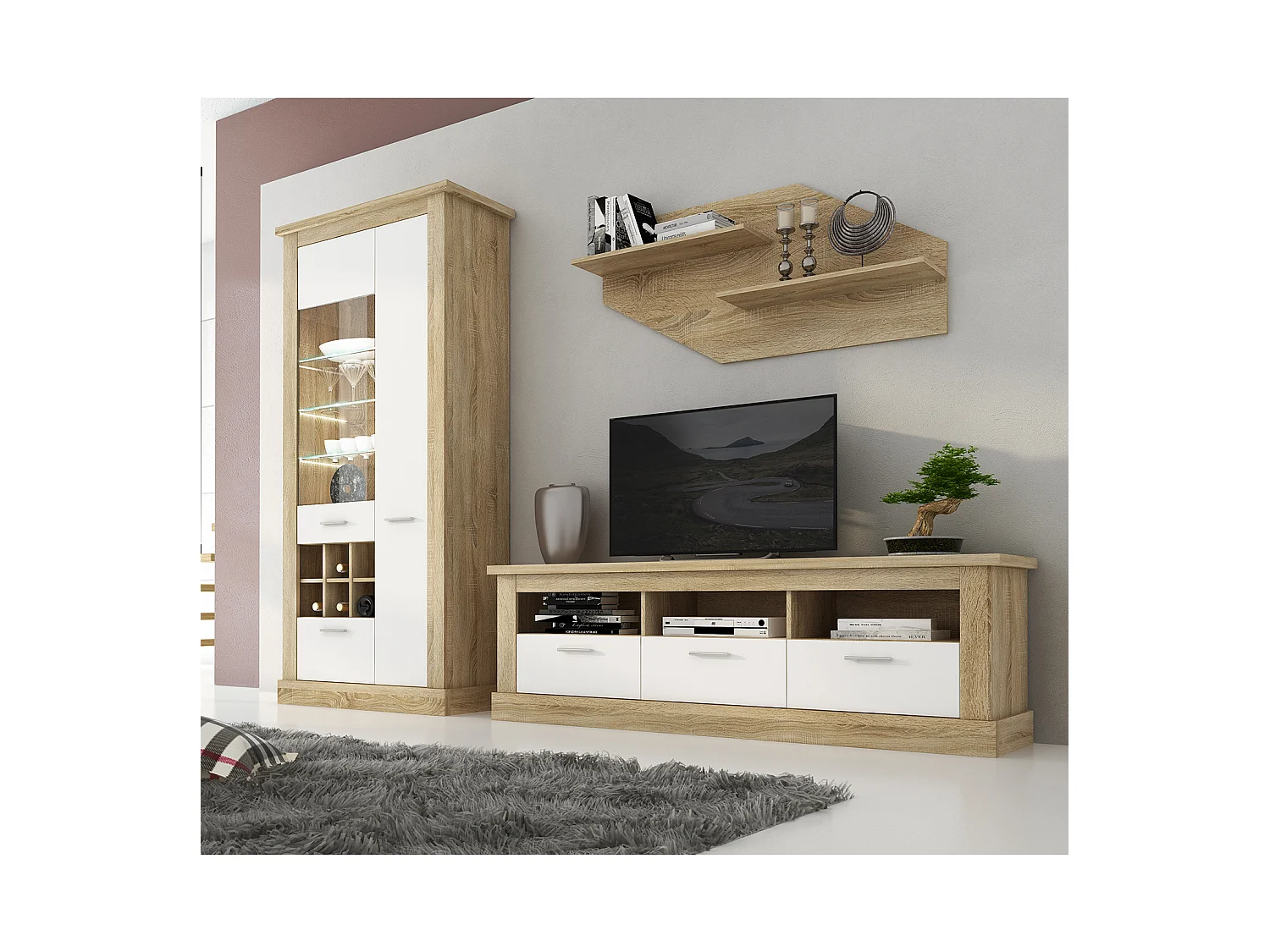 Meuble TV coloris Chêne cambrian, blanc - Longueur 180 x Profondeur 41 x Hauteur 56 cm