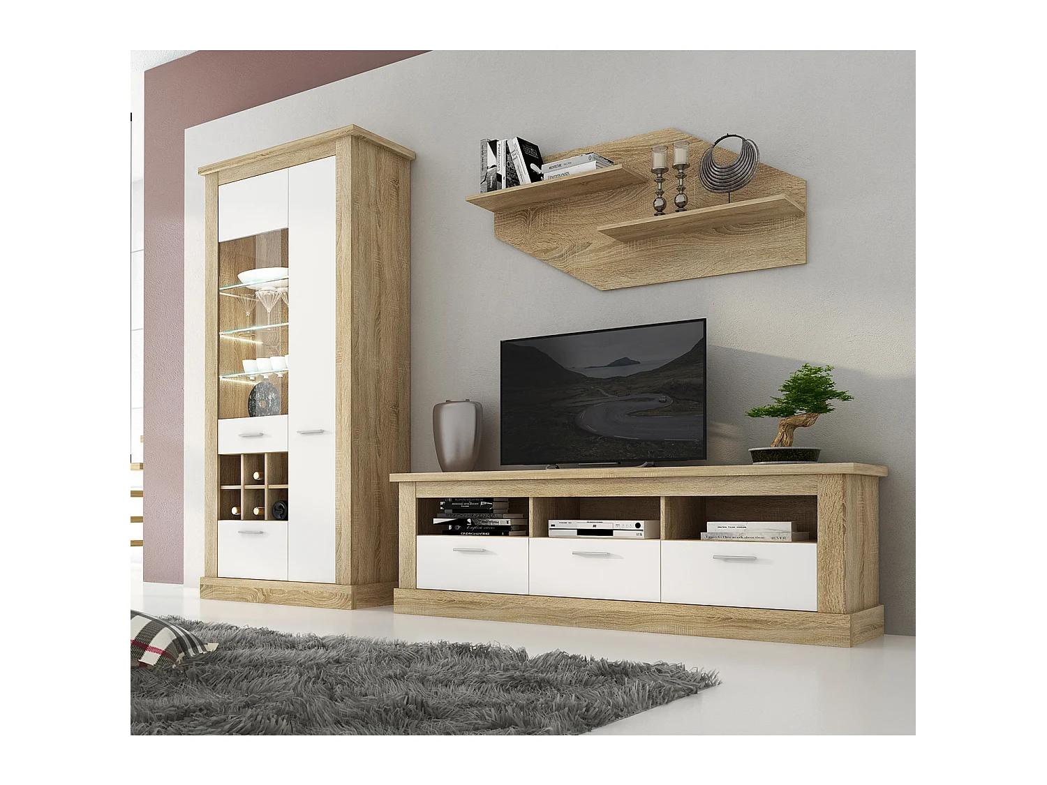 Meuble TV coloris Chêne cambrian, blanc - Longueur 180 x Profondeur 41 x Hauteur 56 cm