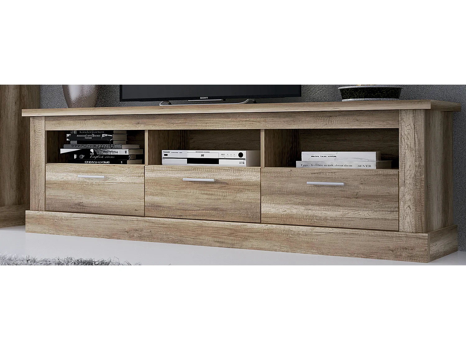 Meuble TV avec 3 tiroirs coloris chêne vieilli - Longueur 180 x profondeur 41,8 x hauteur 56,6 cm