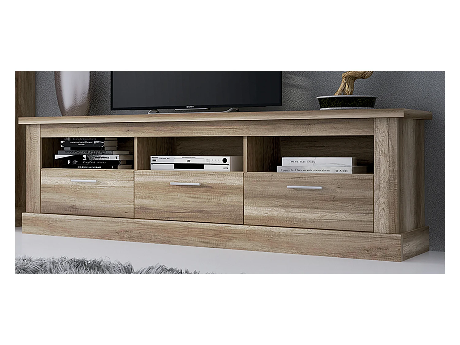Meuble TV avec 3 tiroirs coloris Chêne vieilli - Longueur 180 x Profondeur 41 x Hauteur 56 cm
