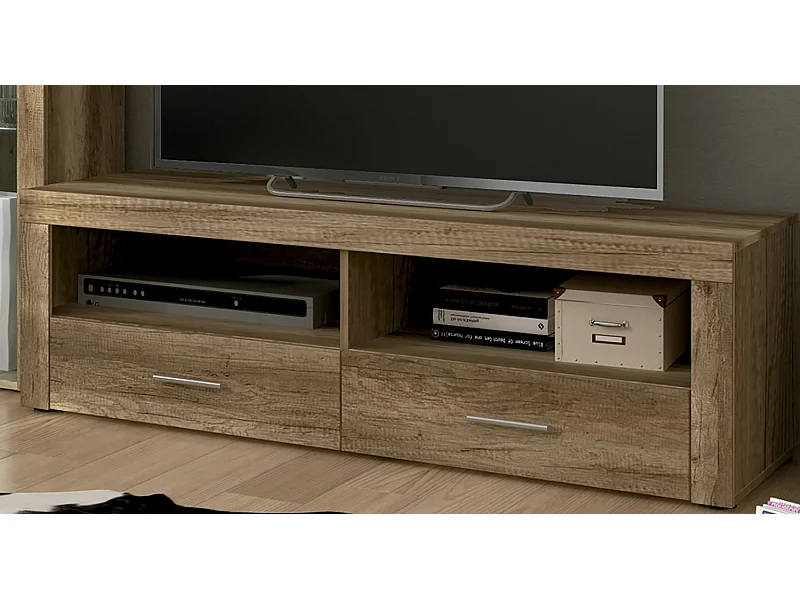 Meuble TV 2 tiroirs coloris chêne vieilli - Longueur 135 x profondeur 41,40 x hauteur 45 cm