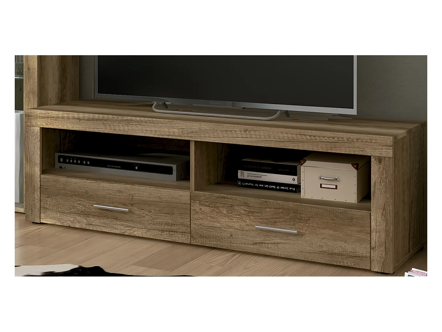 Meuble TV 2 tiroirs coloris chêne vieilli - Longueur 135 x profondeur 41,40 x hauteur 45 cm