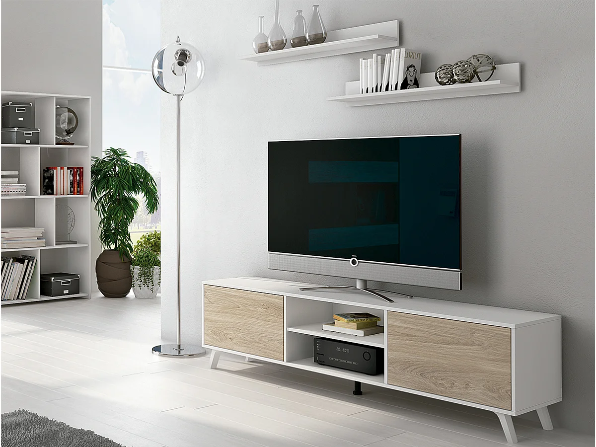 Meuble TV coloris blanc/chêne - Longueur 180 x Profondeur 39,6 x Hauteur 49 cm